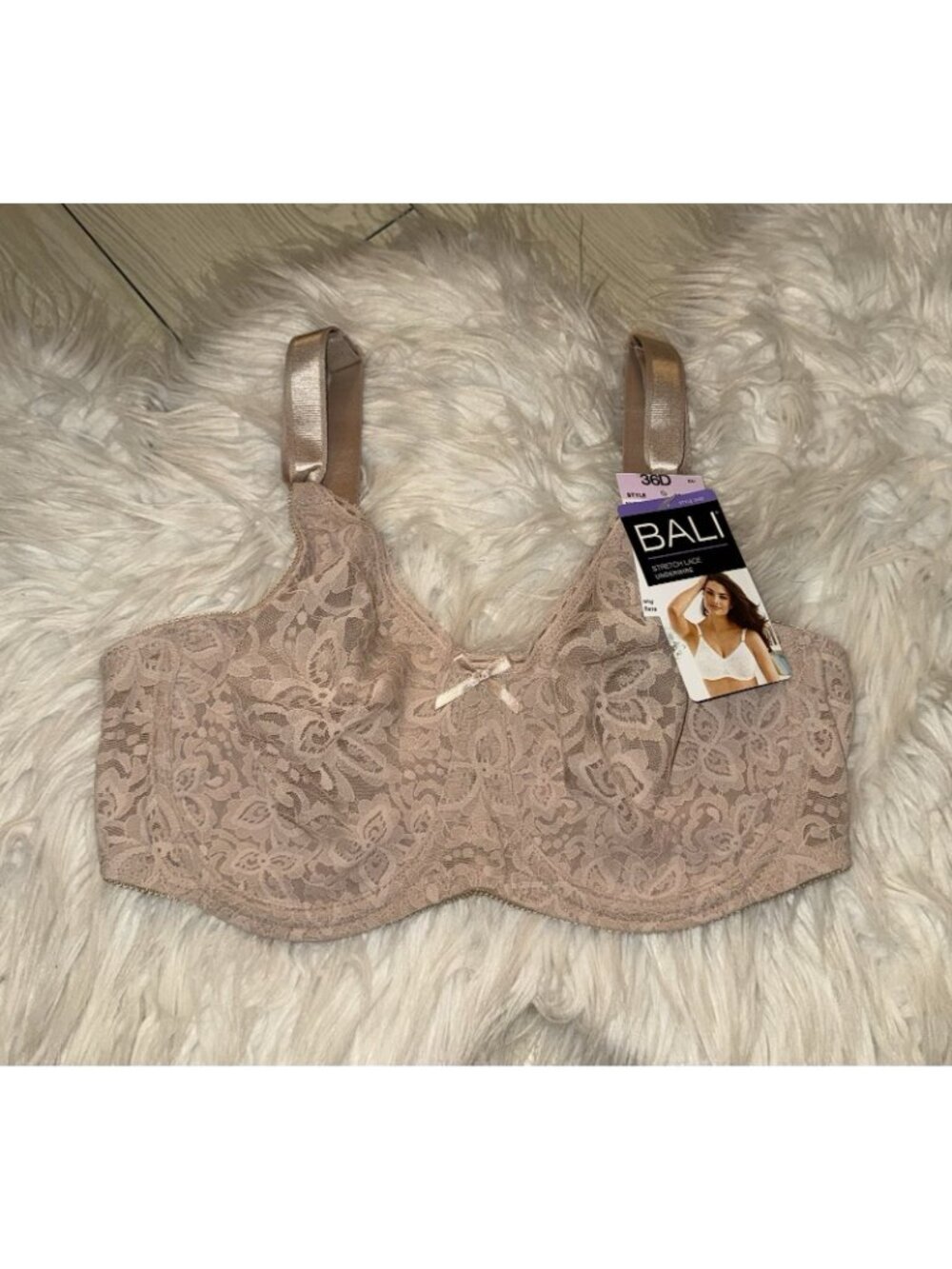 Bali 3432 Lace N Smooth Full Coverage Bra Underwire Sheer Womens 36D Beige New - Picture 2 of 6